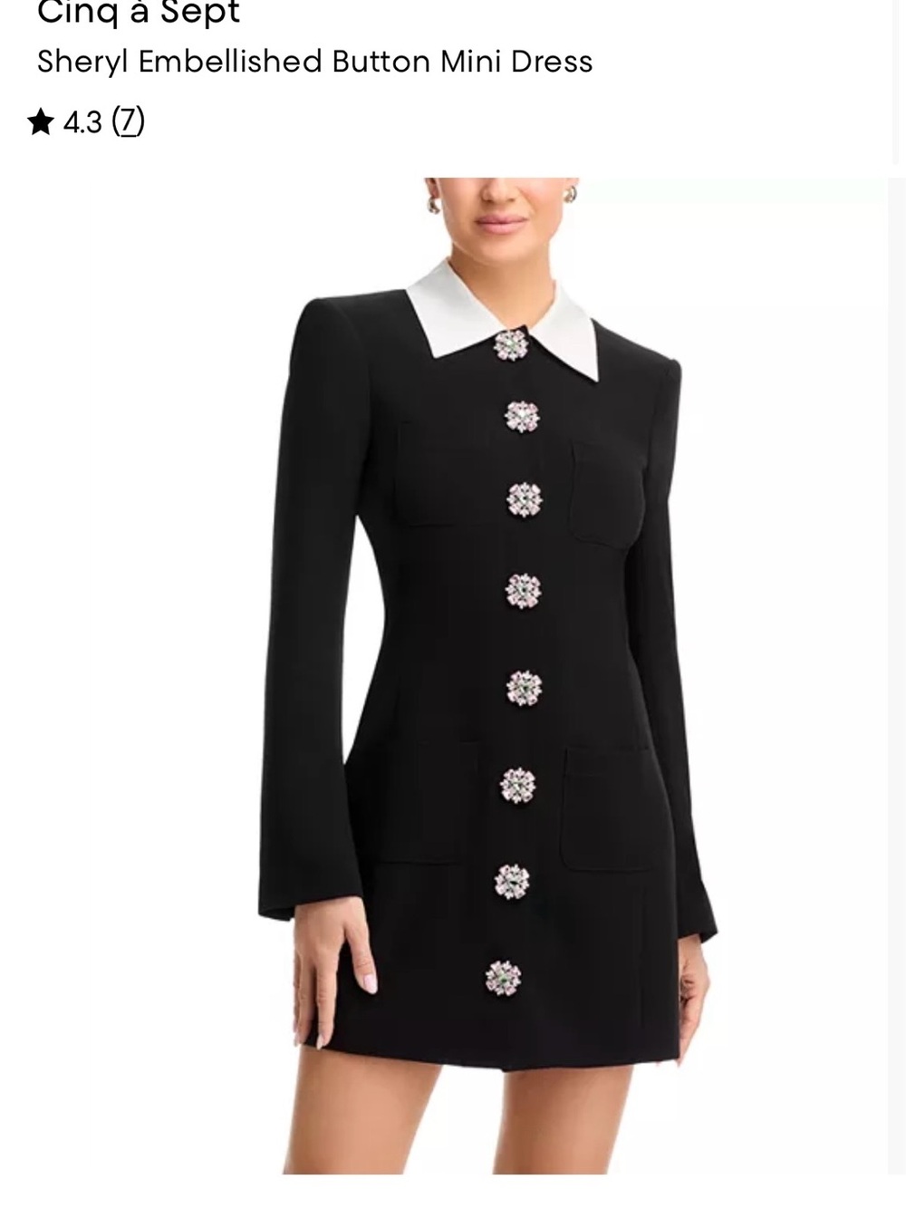 cinq a sept Black Mini Dress with White Collar and Crystal Buttons
